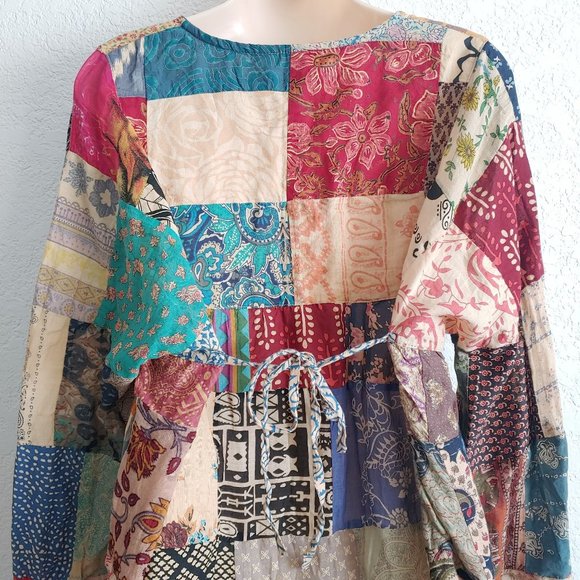 Made from the Earth Patchwork Peasant Boho Long Sleeve Top MEDIUM Hippie Bohemia - Picture 5 of 7